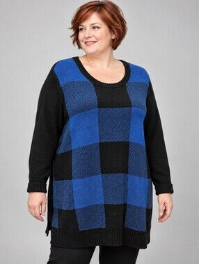 Woman Within L Blue Black Check Sweater Pullover Minimalist